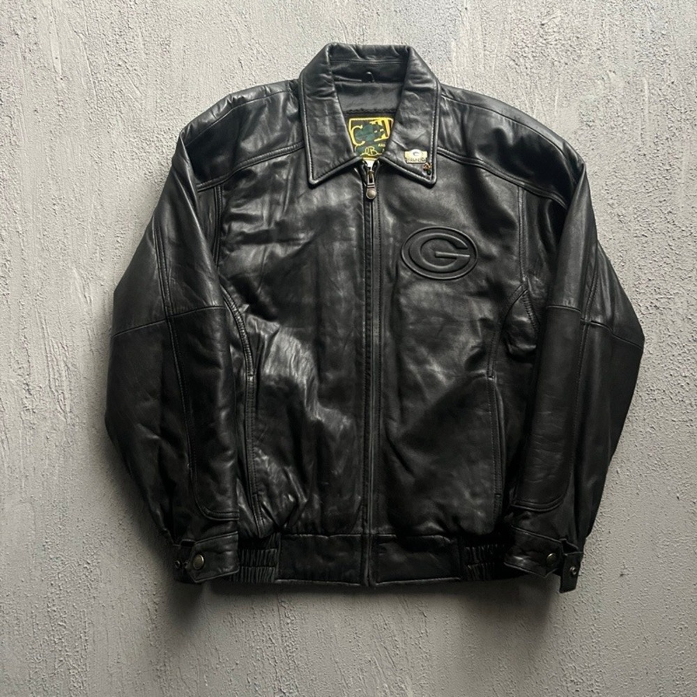 Vintage Green Bay Packers Leather Jacket Small Black 1990s Bomber NFL